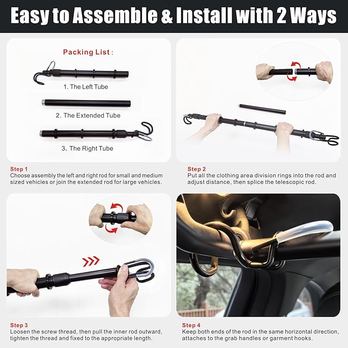 Heavy Duty Telescopic Car Clothes Hanger Bar - Adjustable 30''-66'' Garment Rack Travel Closet Hanging Rod for Vehicle Truck SUV RVs Extendable Metal Pole for Automobile Clothing Organizers & Storage