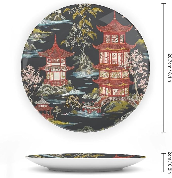 Chinoiserie Charcoal Coral Pagoda Asian Plates Ceramic, Personalized Handmade Decorative Plate for Kitchen Display Housewarming Gifts Decor, with 1 Display Stand Art Decorations for Household Table