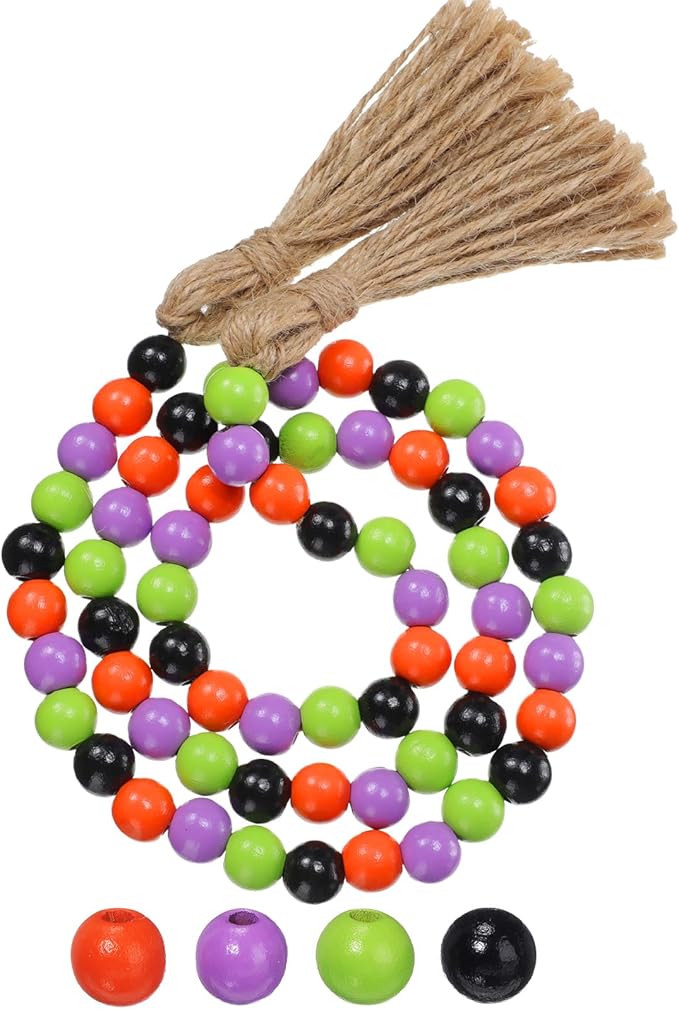 Equsion Seasonal Wooden Bead Garland with Tassels, 3.3 ft Holiday Vintage Boho Bead Garland Easter Tray Decoration, Vase Wall Room Art Birthday Party Decoration(Halloween Colors)