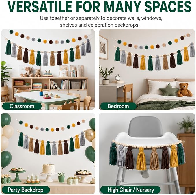 Syhood 3 Pcs Boho Tassel Garland Wall Hanging Decor 1 Boho Tassel Garland with Wood Beads and 2 Western Colorful Pom Pom Ball for Classroom Party Wedding Baby Shower Home Decorations(Elegant Colors)