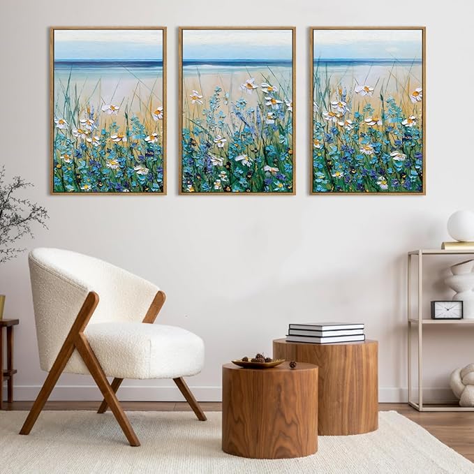 Blue Seaside Cyan Floral Wall Decor Wildflower Canvas Paintings Framed Floral Art Prints Blue Flowers Wall Art Wildflowers Wall Pictures for Living Room Bedroom Bathroom 16x24 Inch Set of 3