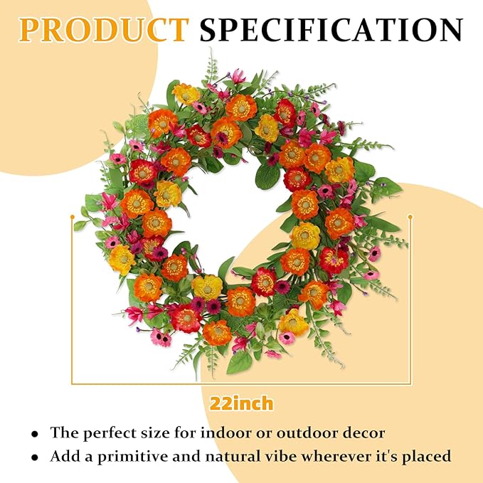 Spring Summer Wreaths for Front Door,22 Inch Artificial Spring Summer Poppy Flower Wreath with Wildflowers,Eucalyptus Leaves for Indoor Outdoor Wall Porch Festival Farmhouse Home Holiday Decor.