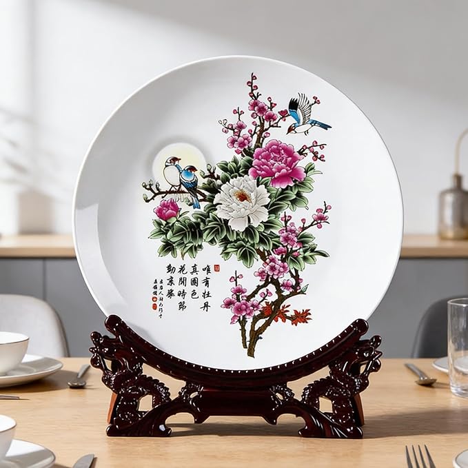 LIYAOLI Decorative Plates for Display - Handmade Chinese Classical Black Peacock & Peony Porcelain Plates for Living Room, Dining Table, Shelf Decor (2026 Art Collection) (Peony)