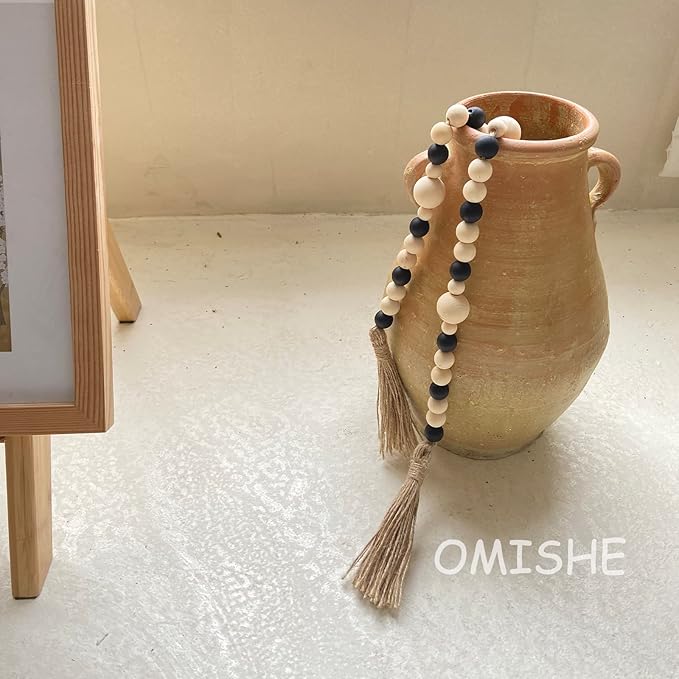 OMISHE Wood Bead Garland with Tassels 61 Inches, Boho Farmhouse Wooden Decorative Beads for Home Tiered Tray Decor, Beige Black