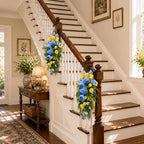 nuvagiki Summer Lemon Floral Teardrop Swag Set of 2, Blue Yellow Chinoiserie Lemon Front Door Decor, Floral Porch Swag for Farmhouse Entryway Wall Hanging Decorations