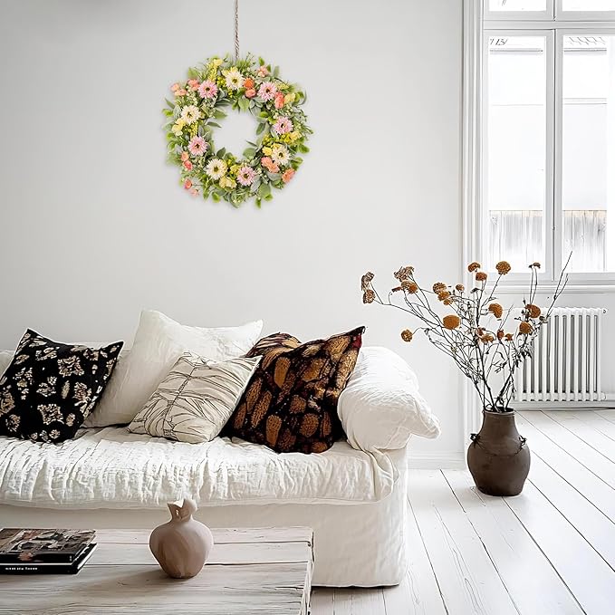 20 Inch Spring Wreaths for Front Door, Artificial Pink Gerbera Daisy & Yellow Rose Floral Wreath with Lamb's Ear Leaves & Greenery, Farmhouse Summer Wreath for Wall Window Porch Home Decor