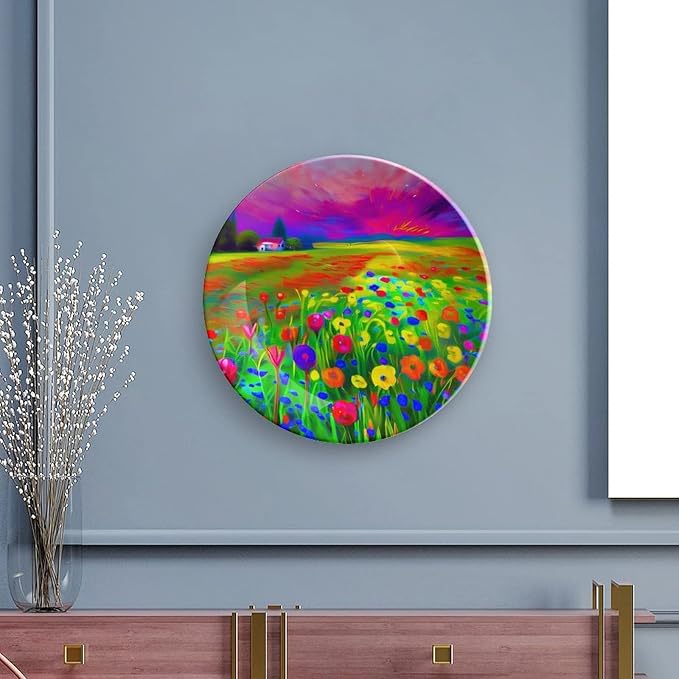 Decorative Plates for Wall Hanging, A Vibrant Wildflower Field Ceramic Plate, Wobble-Plate with Display Stand, Home Decor for Kitchen Cabinets, Farmhouse Round Tray 7 Inch