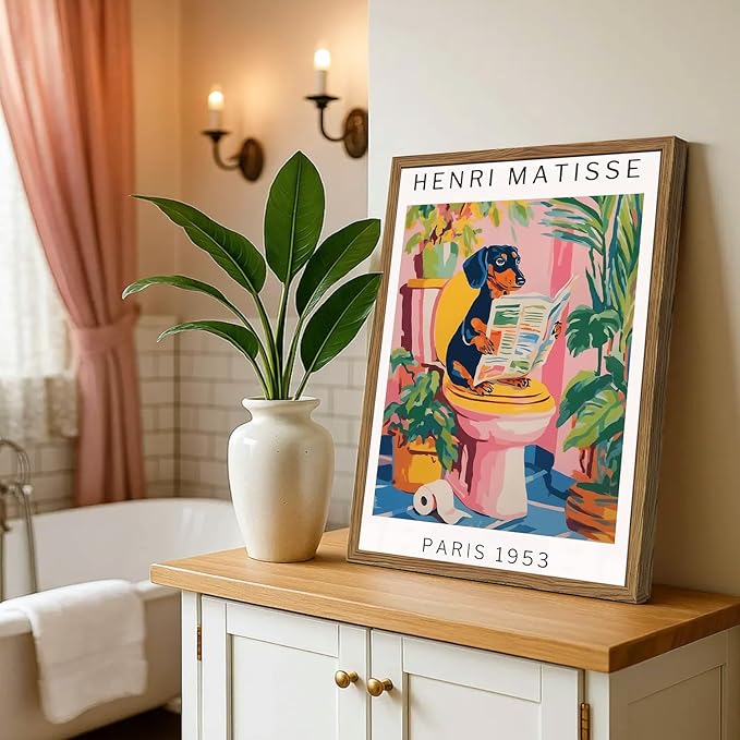Funny Dachshund Bathroom Wall Art Henri Matisse Dog Bathroom Wall Decor Picture, Cute Puppy Animal Reading Newspaper in Toilet Poster Painting Canvas Print 12x16 inch Wood Framed
