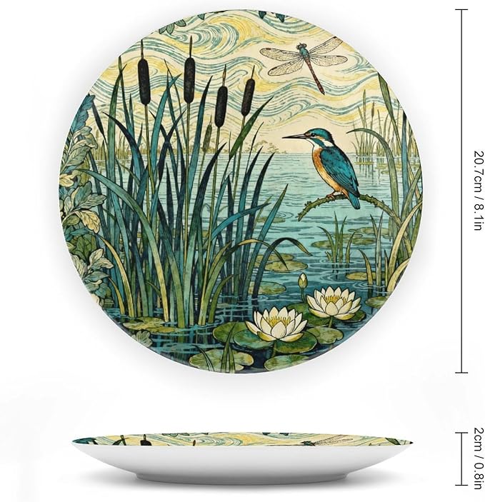 Custom Gifts Ceramic Decorative Plate, William Morris Forest Plants, Birds And Lotus Flowers Hand-Painted Ceramic Decorative Plates Household Unique Art with Stand, Modern Decor for Farmhouse Office