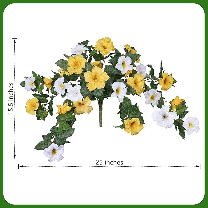 HyeFlora Artificial Flowers for Outdoors 2PCS Spring Faux Morning Glory Look Real Silk Flowers for Outside Planter UV Resistant Fake Flowers for Home Garden Balcony Yard Porch Deco (Yellow)