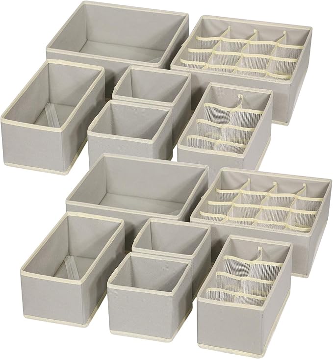 12 Pack Foldable Drawer Organizer Dividers Cloth Storage Box Closet Dresser Organizer Cube Fabric Containers Basket Bins for Underwear Bras Socks Panties Lingeries Nursery Baby Clothes Gray