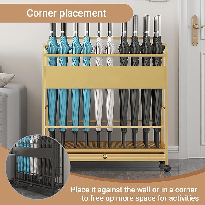 Metal Frame Commercial Umbrella Stand with Removable Drip Tray Large Capacity Heavy Duty Umbrella Holder with wheels for Entryway, Office(Black,80 * 20 * 70CM/31.5 * 7.9 * 27.6IN)