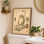 Funny Japanese Frog Bathroom Wall Art Whimsical Frog Shower Wall Decor 16x24 inch Wood Framed, Eclectic Japan Animal Bathroom Poster Painting Canvas Prints Aesthetics