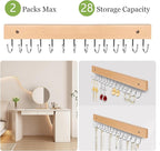 Necklace Holder Wall Mounted Jewelry Organizer - 2 Pack Wooden with 28 Rotating 180° Hooks for Hanging Earring & Ring Bracelet Storage, Decorative Space-Saving Jewelry Display (Natural)