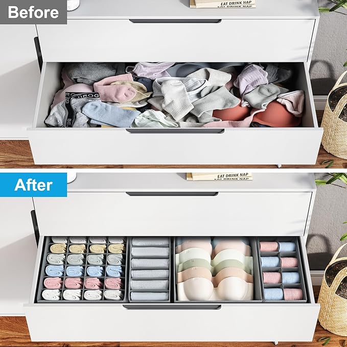 Drawer Organizer Clothes - Foldable Underwear Organizer and Sock Organizer, Bra organizer Fabric Dresser Drawer Organizer Divider for Socks, Bra, Underwear, Tie, 12 Pack, Grey