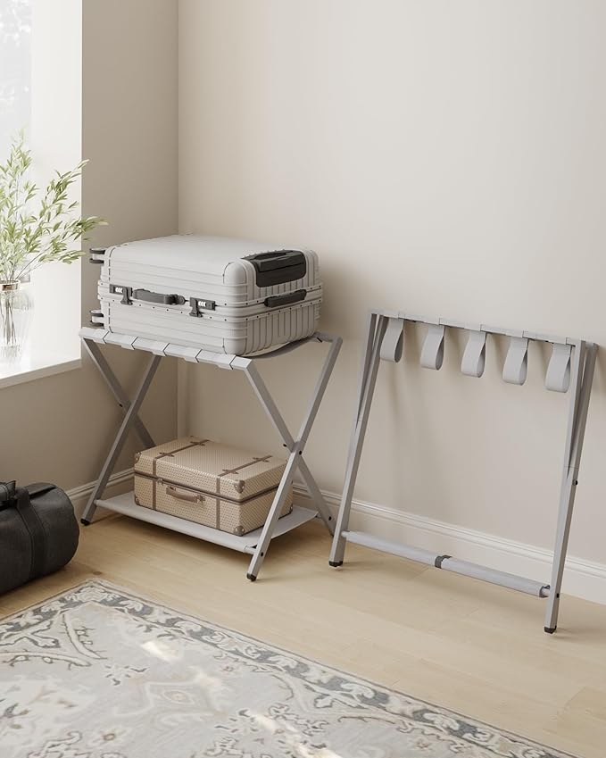 Luggage Rack, Folding Suitcase Stand for Guest, Foldable, Luggage Holders with Shelf, Steel Frame with Nylon Straps for Bedroom, Hotel, Holds up to 154 lb, Grey,1 Pack LR03899G