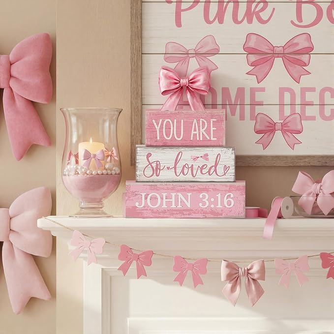 Lineshading 4 Pcs Pink Bow Decor Christian Table Decor Wooden Block Signs Set "you Are So Loved John 3: 16” Inspirational Bible Verse Quotes Coquette Bow Centerpieces for Home Office Shelf Decorations