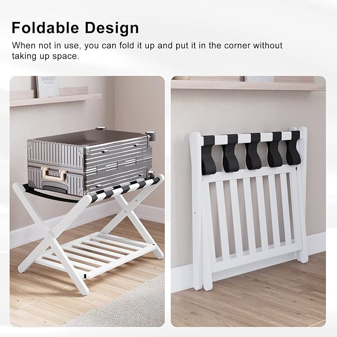 Smuxee Fully Assembled White Luggage Rack Pack of 2, Bamboo Foldable Suitcase Stand with 5 Nylon Straps, Luggage Holder with Shelf for Guest Room Bedroom Hotel