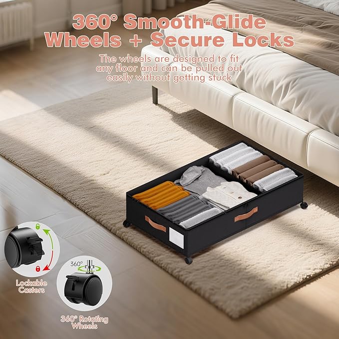 Under Bed Storage with Wheels - Rolling Underbed Containers with PVC Clear Lid & Dividers, 600D Oxford Fabric, PU Leather Handles, Adjustable Magic Tape Partition, XXL 66L (1, Black)