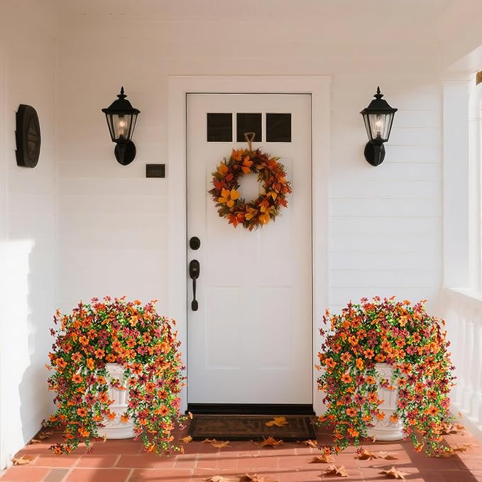 Artificial Fall Fake Flowers for Outdoor Fall Decoration,2 Pcs Faux Hanging Flowers Outdoor Fall Decor,UV Resistant Look Real Faux Mums Silk Flower for Outside Home Porch Patio Yard Balcony Planter
