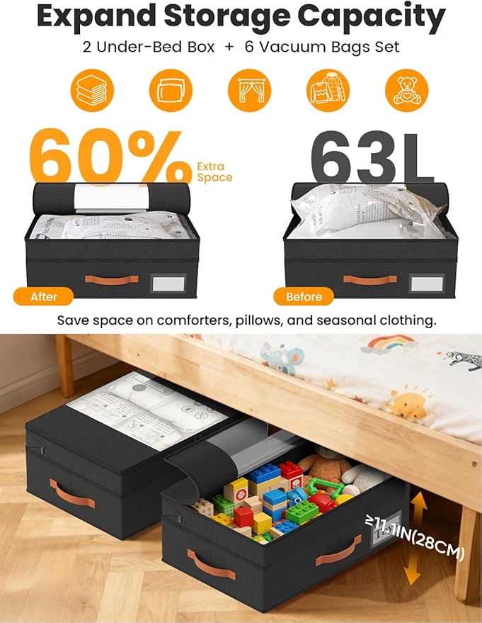 2-Pack Under Bed Storage with Wheels and 6 Vacuum Seal Bags, Adjustable Height 7.9"-10.2",Heavy Duty Capacity,Clear Lid Organizer for Dorm Bedroom Clothes Shoes Books,Quick Assembly Space Saver，Black