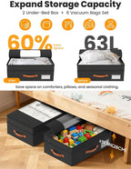 2-Pack Under Bed Storage with Wheels and 6 Vacuum Seal Bags, Adjustable Height 7.9"-10.2",Heavy Duty Capacity,Clear Lid Organizer for Dorm Bedroom Clothes Shoes Books,Quick Assembly Space Saver，Black