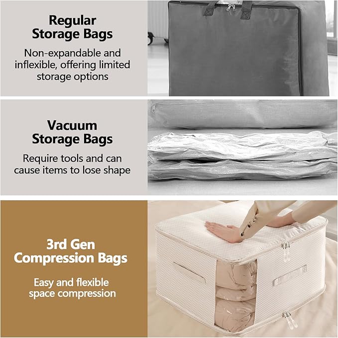 4 Pack Space Saving Comforter Storage Bag with Handle, 3-Layer Compression Blanket Storage Bags Adjustable In 3 Sizes (142L, 107L, 71L), Washable Bedding Organizer For Pillow Duvet Clothing Plush Toy
