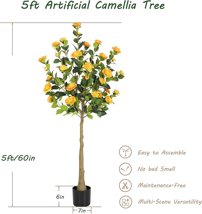 Bellacat 5ft Artificial Camellia Tree with Silk Orange Flowers, 60in Faux Camellia Plant with Lifelike Trunk, Fake Flower Tree Potted Front Door Plants for Porch Patio Deck Living Room Decor, 2Pack