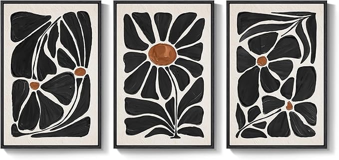 Large Framed Boho Floral Wall Art for Living Room, 3 Piece Mid-Century Modern Abstract Botanical Canvas Painting Prints Artwork for Walls, Black and White Flowers for Bedroom Hallway Office, 24x36