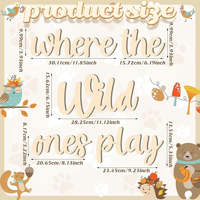 Kigley 5 Pcs Playroom Wall Decor 15.4" x 18" 3D Where The Wild Ones Play Nursery Sign Wooden Wall Art Decoration for Kids Toddler Room Decor Boys and Girls Kindergarten Bedroom Word Sign(Wood Color)