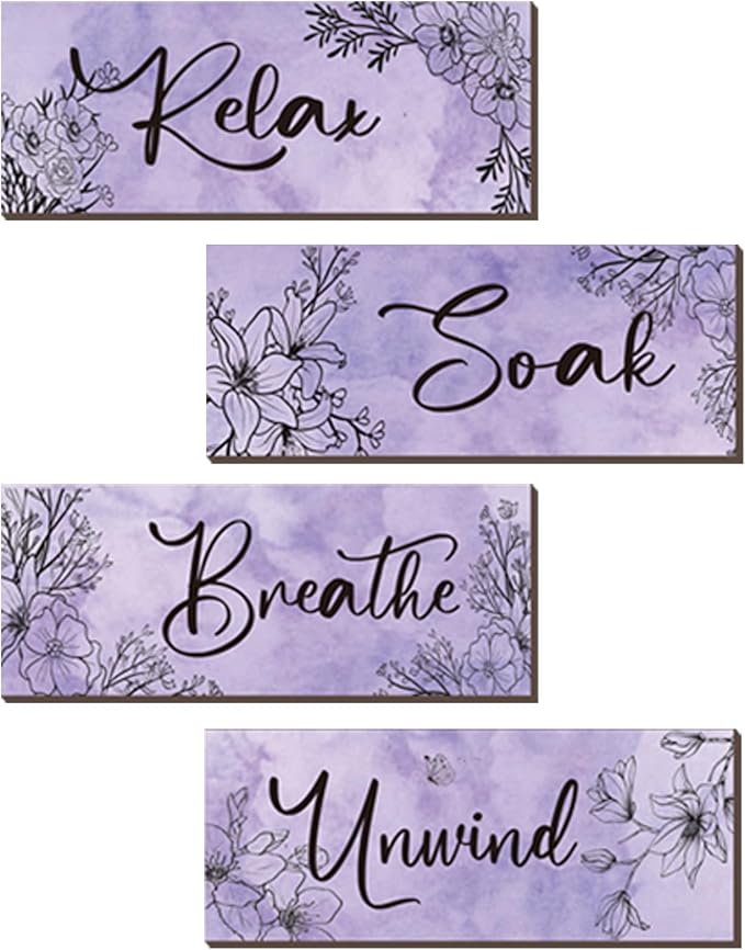 ONIZHITY 4-Piece Purple Floral Wall Art - Wooden Decor with Relax Soak Unwind Breathe Positive Hanging Art for Women's Bedroom & Living Room (10x4 Inches)
