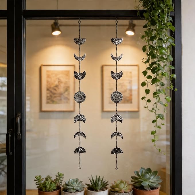 opulinea 32 Inch Hammered Black Gunmetal Moon Phase Metal Wall Decor, Celestial Hanging Wall Sculpture, Boho Lunar Wall Art for Bedroom, Living Room, Bathroom, Apartment