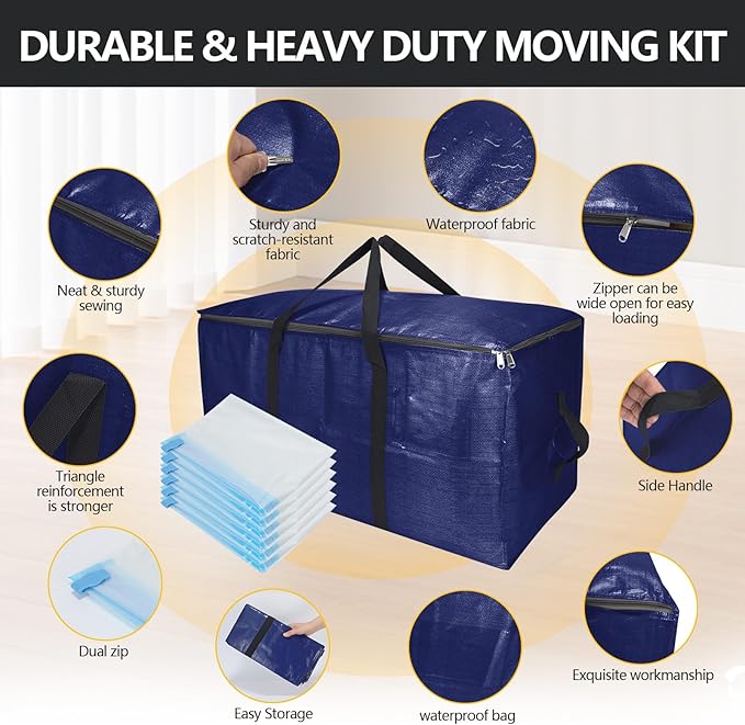 Extra Large Storage Bags Set Heavy Duty Moving Totes With Backpack Straps – Strong Handles & Zippers, (Blue, 12 Park-2 Moving bag & 10 Vacuum Seal Bags)