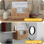Woven Hanging Magazine Holder Water Hyacinth Magazine Basket Wall Mounted Woven Mail Organizer Wicker Storage Box with Handle Newspaper Rack Decorative for Home Office