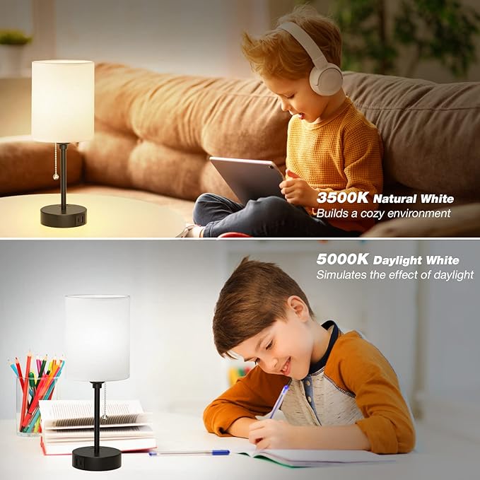 Bedside Table lamp for Bedroom Set of 2 - 3 Color Temperatures Small Lamps with USB C and A Ports, Pull Chain Table Lamps with AC Outlet, White Nightstand Lamps with Black Metal Base for Kids Reading