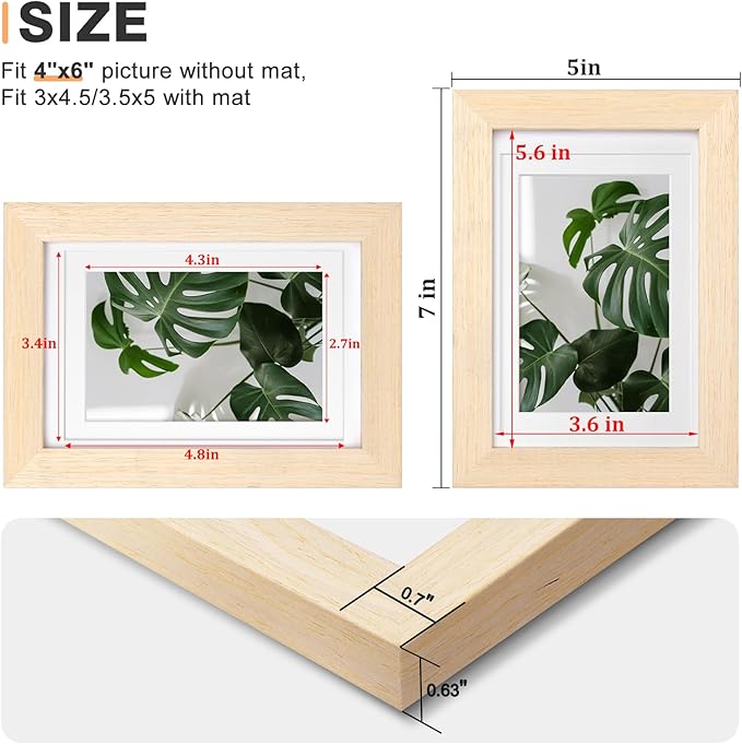Egofine 4x6 Picture Frames Set of 4, Made of Solid Wood Covered by Plexiglass 3x4.5 and 3.5x5 with Mat or 4x6 without Mat, for Table Top Display and Wall Mounting Photo Frame, Oak Wood