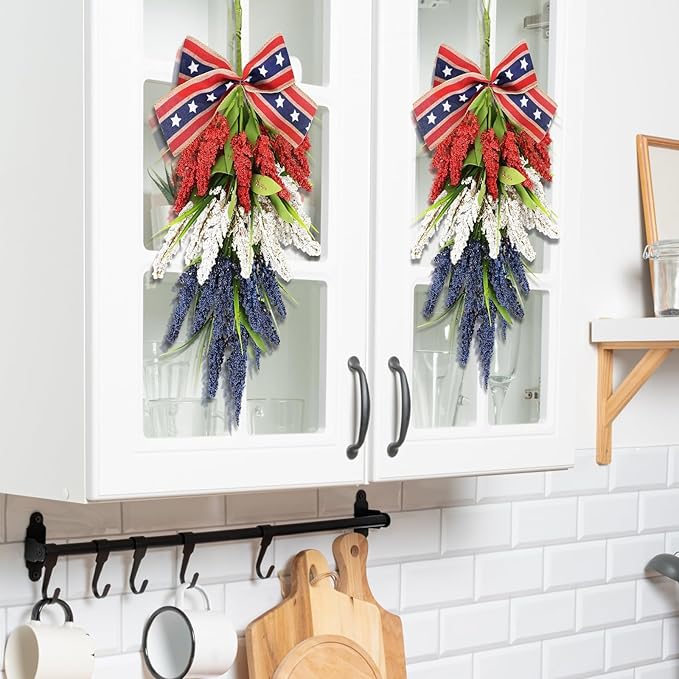 24inch Patriotic Red, White and Blue Floral Swag Wreath for Front Door Patriotic American Floral Teardrop Swags 4th of July Independence Day Rings Wreaths for Pillars Porch Wall Window Decor