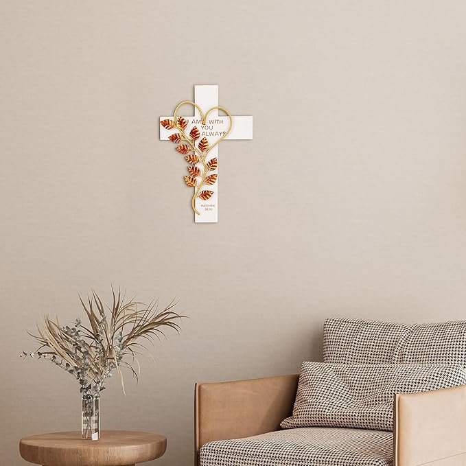 Wooden Wall Cross with Iron Heart Leaf Decorated with Hook and Base Hanging Wall Or Table Cross with Matthew 28:20 For Church Home Room Decoration (White)