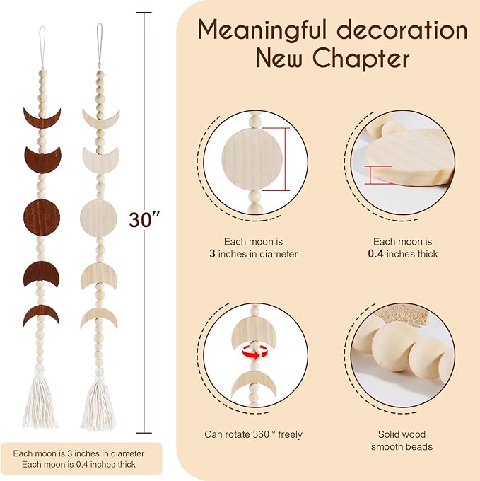 Wooden Moon Phase Wall Hanging, Celestial Bedroom Decor Aesthetic Boho for Home (Beige)