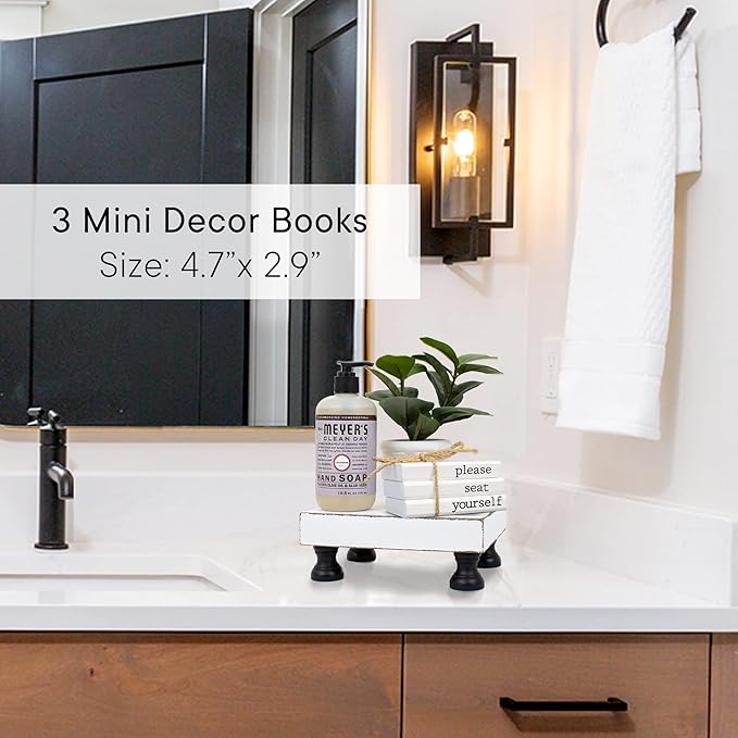 Farmhouse Bathroom Decor - Funny Rustic Wooden Mini Books for Your Restroom Shelf - The Perfect Small Decorative Accent for The Guest Bathroom, White