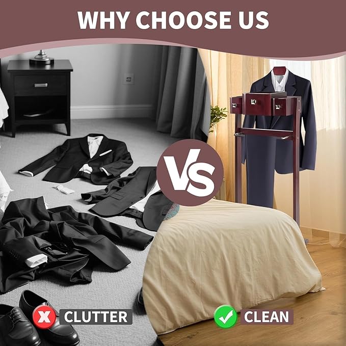 Suit Valet Stands with Hanger, Pant Hanger and Metal Shoe Rack Wood Modern Standing Hanger with Storage Organizer Clothing Rack for Entryway, Bedroom, Office Suit Stand(Standing Dark Brown)