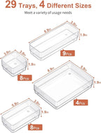 SMARTAKE 29-Piece Drawer Organizer with Non-Slip Silicone Pads, 4-Size Desk Drawer Organizer Trays Storage Tray for Makeup, Jewelries, Utensils in Bedroom Dresser, Office and Kitchen (Clear)