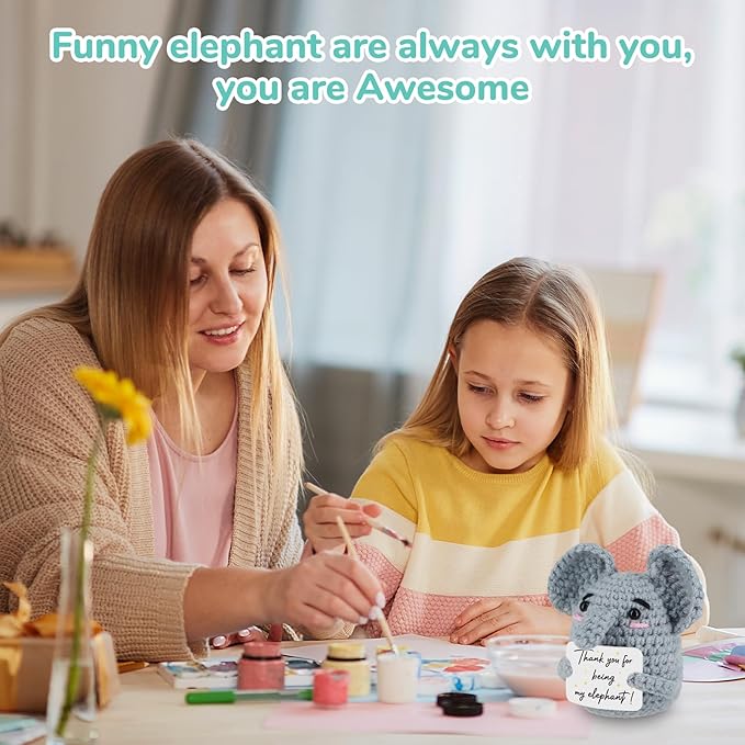 WenmthG Funny Positive Crochet Elephant - Emotional Support Animals Gifts, Funny Handmade Crochet Doll, Inspirational Gifts for Women Men Friends Coworkers