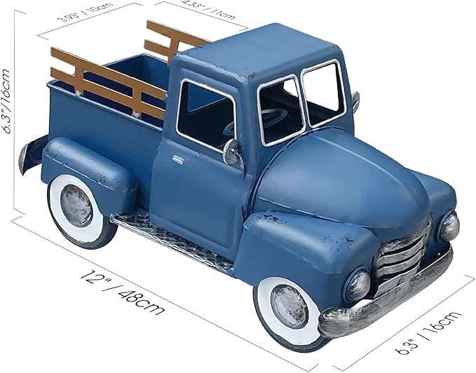 Farmhouse Blue Metal Truck Decor, Vintage Trucks Planter ,Decorative Rustic Pickup Farm Tabletop Storage Table Centerpiece for Office , Desk, Country Style Home & Kitchen Shelf Garden Decoration