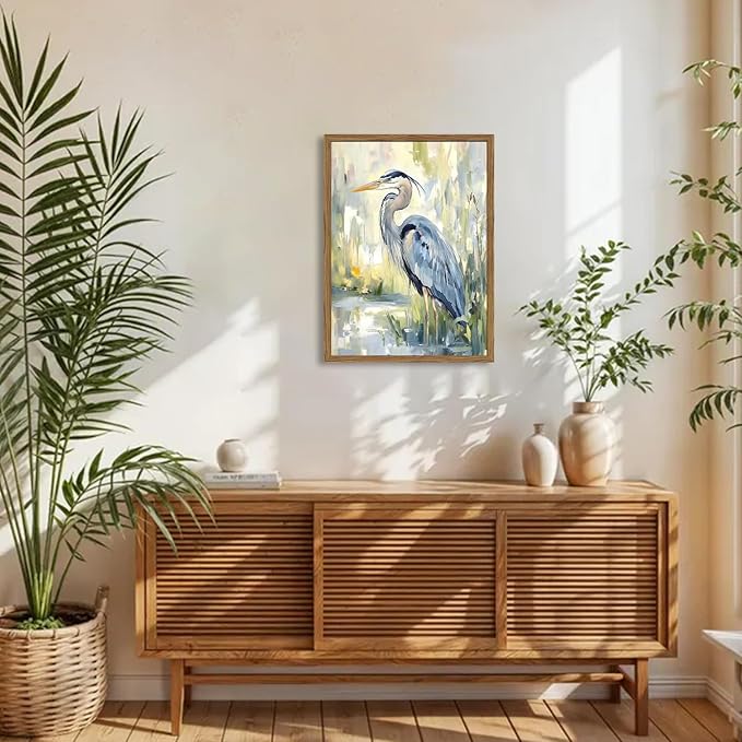 Framed Blue Heron Wall Art, Watercolor Sea Bird Pictures Wall Decor, Coastal Nature Wildlife Animal Paintings Canvas Prints for Living Room Bedroom Bathroom Office Home Decor 16x24 inch