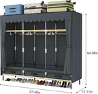 Portable Wardrobe, Freestanding Closet Hanging Organization, Metal Frame with Grey Fabric Cover, 3 Storage Compartments, 3 Hanging Rods, 3 Drawers.
