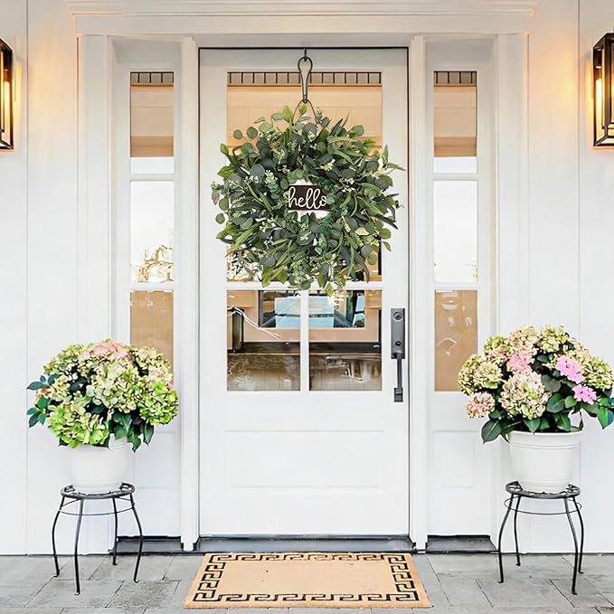 24" Eucalyptus Wreath with Hello Sign for Front Door, All Seasons Greenery Wreath, Artificial Eucalyptus Wreath for Farmhouse Porch, Window, Wall, Year Round Spring Summer Outdoor & Indoor Home Decor