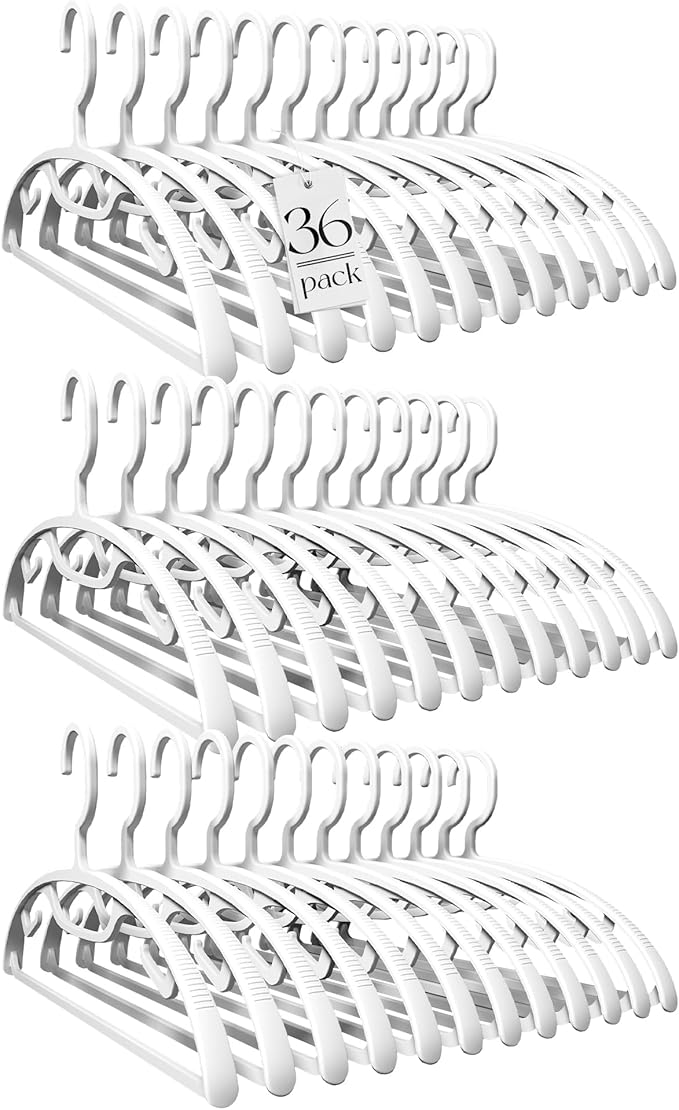 HOUSE DAY Plastic Clothes Hangers 36 Pack, Sweater Hangers No Shoulder Bump, Thick Heavy Duty Coat Hanger for Closet, White Wide Hanger with Non-Slip Hook for Sweaters, Suits, Dresses, Jackets, Pants