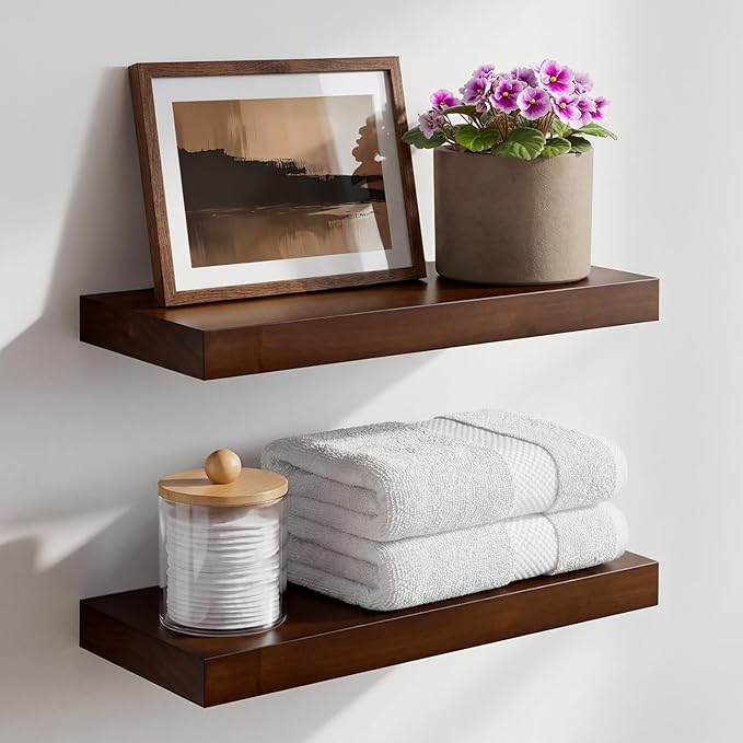 Homeforia Walnut Floating Bathroom Shelves, High End Solid Real Wood 16 inch Small Floating Shelf for Wall Mounted, Dark Brown 16inch Floating Shelves, Heavy Duty Bracket, 16 X 6.5 X 1.75 in, Set of 3