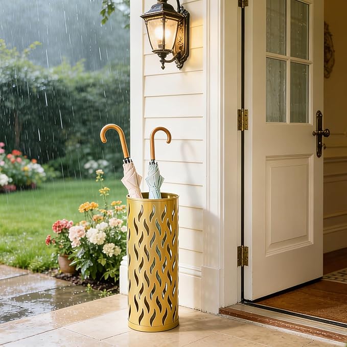 Umbrella Holder, Metal Umbrella Stand for Entryway, Umbrella Storage Rack with 4 Hooks Decor, Home, Office,5.8 × 5.8 × 16.4 (Gold)